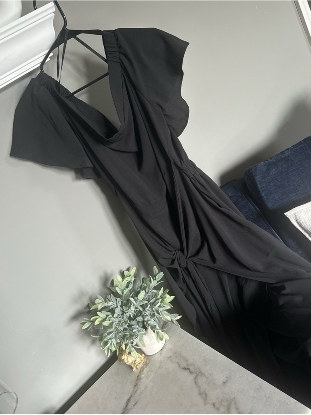 Avenue Black Off the Shoulder Knot-Front Flowy Women's Dress